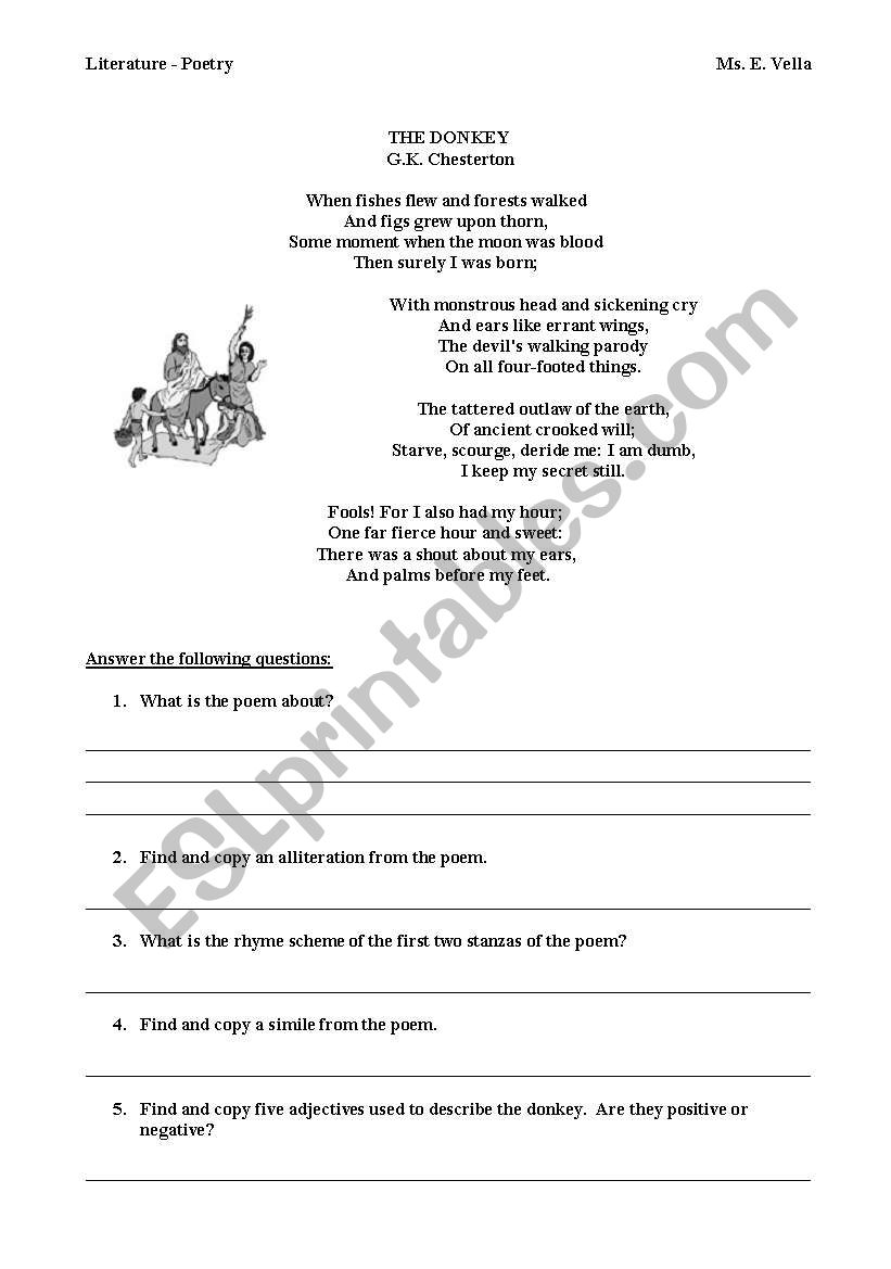 The Donkey - G. K. Chesterton worksheet
