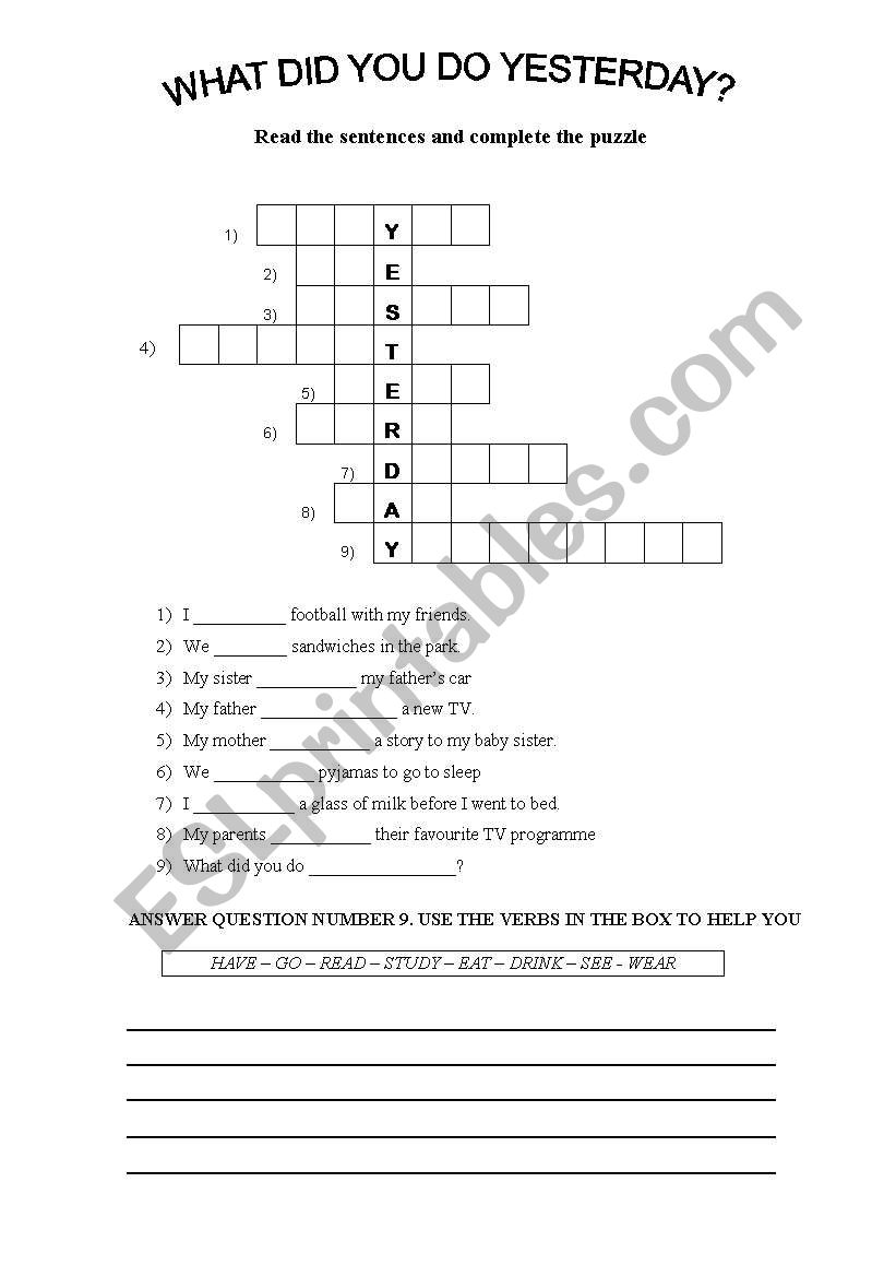 simple past crossword worksheet