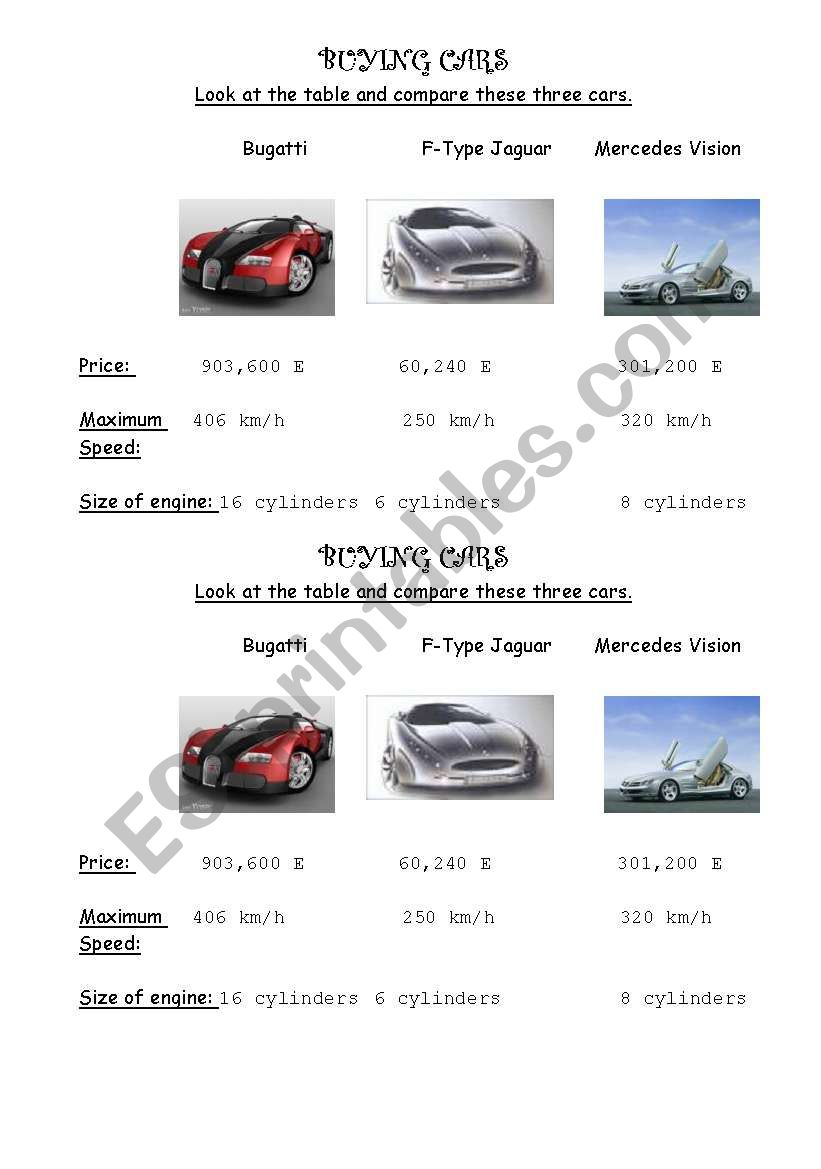 Buying Cars worksheet