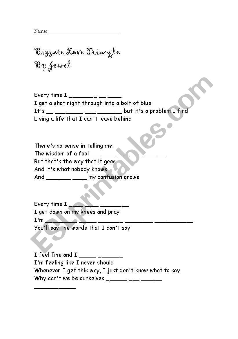 Bizarre Love Triangl (song) worksheet