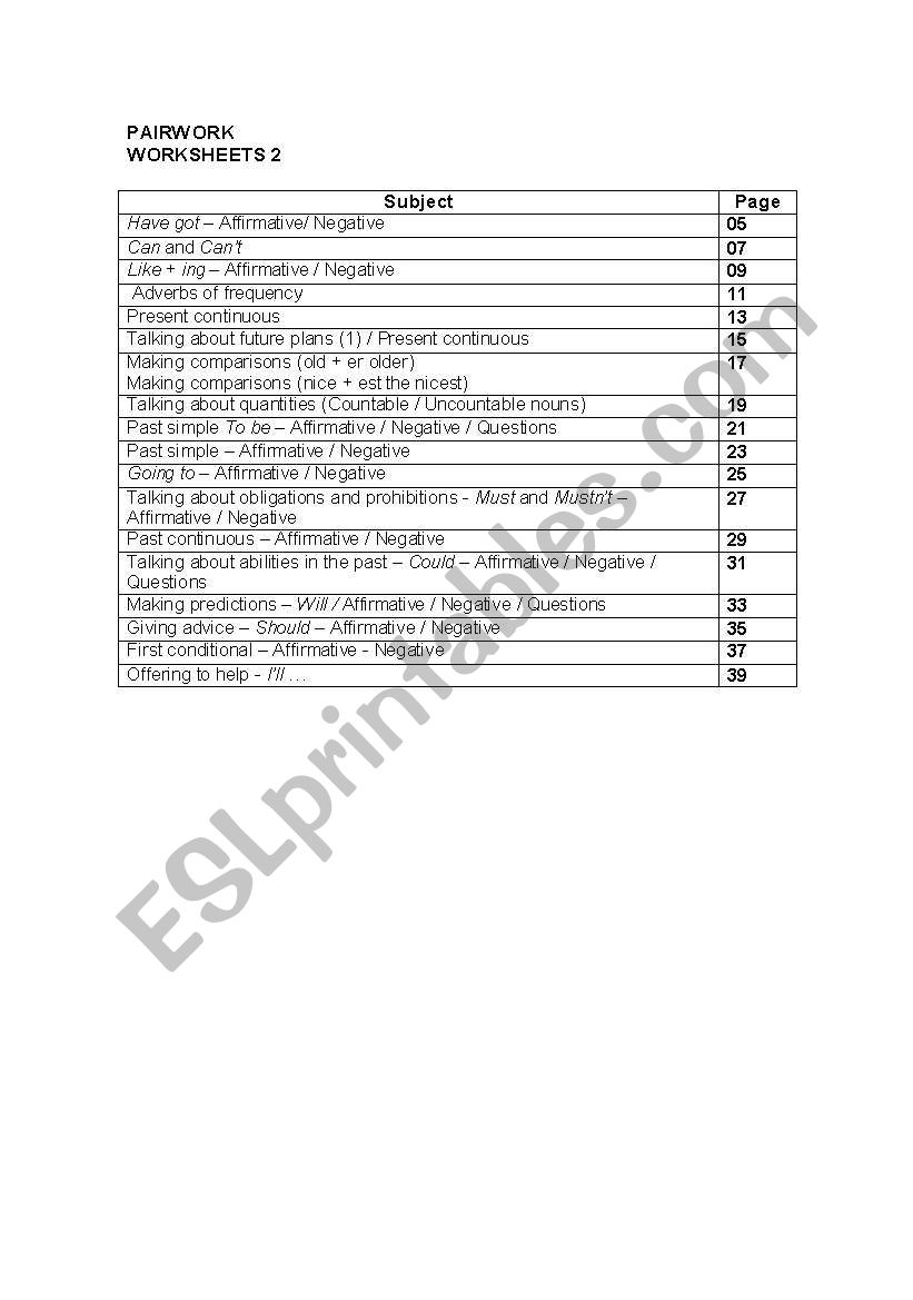 Pair Work Activities worksheet