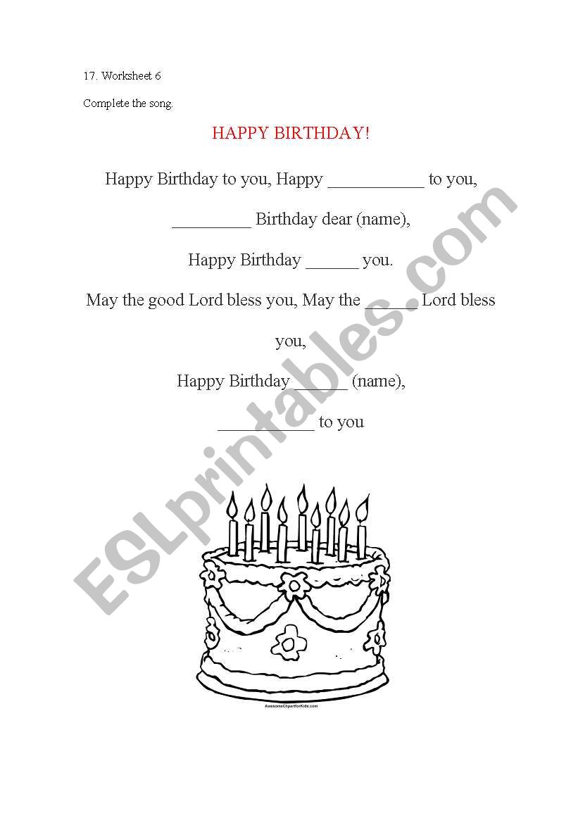 happy birthday song worksheet