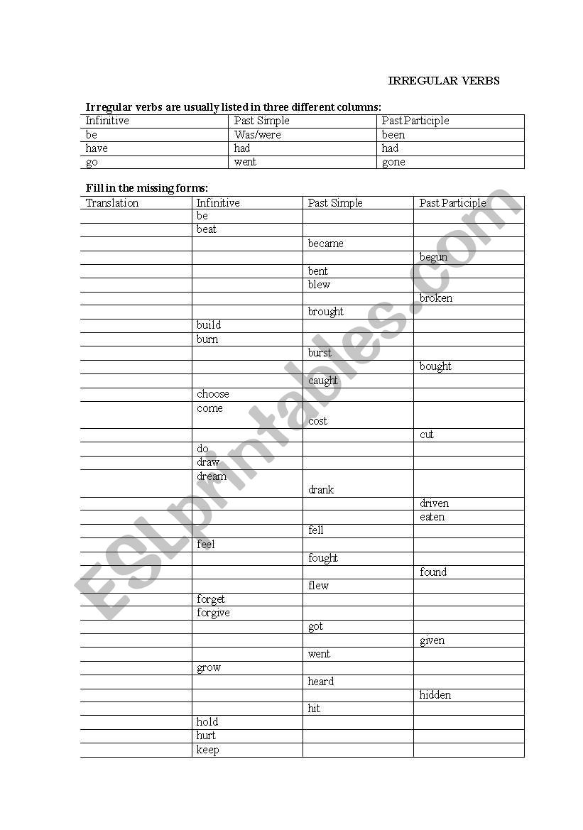 IRREGULAR VERBS worksheet