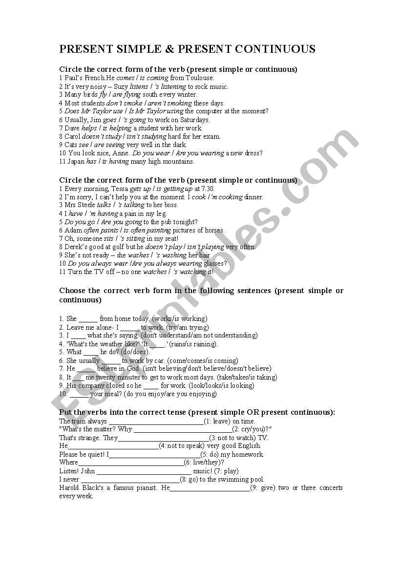 present simple or continuous worksheet