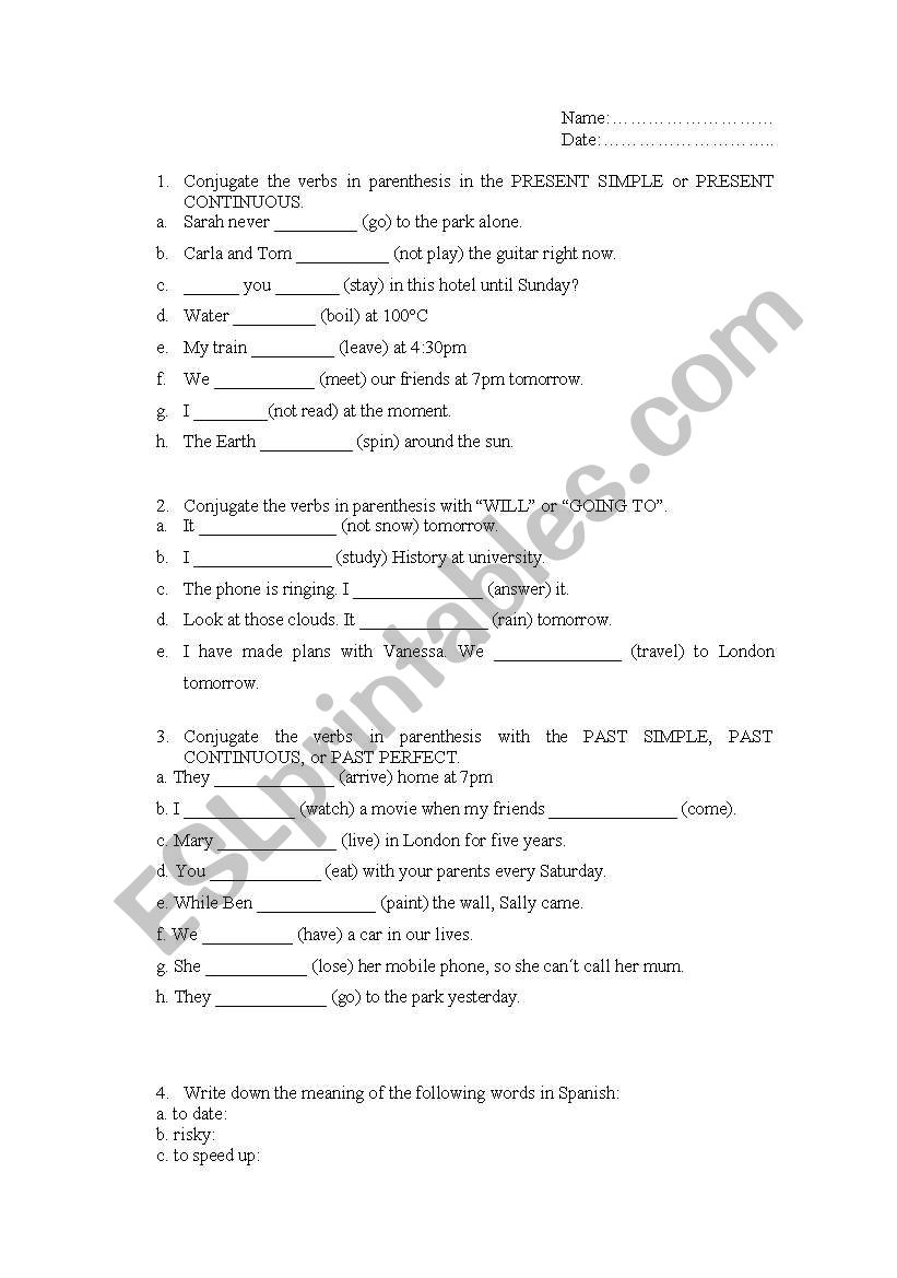 Exam on present, future, and past tenses