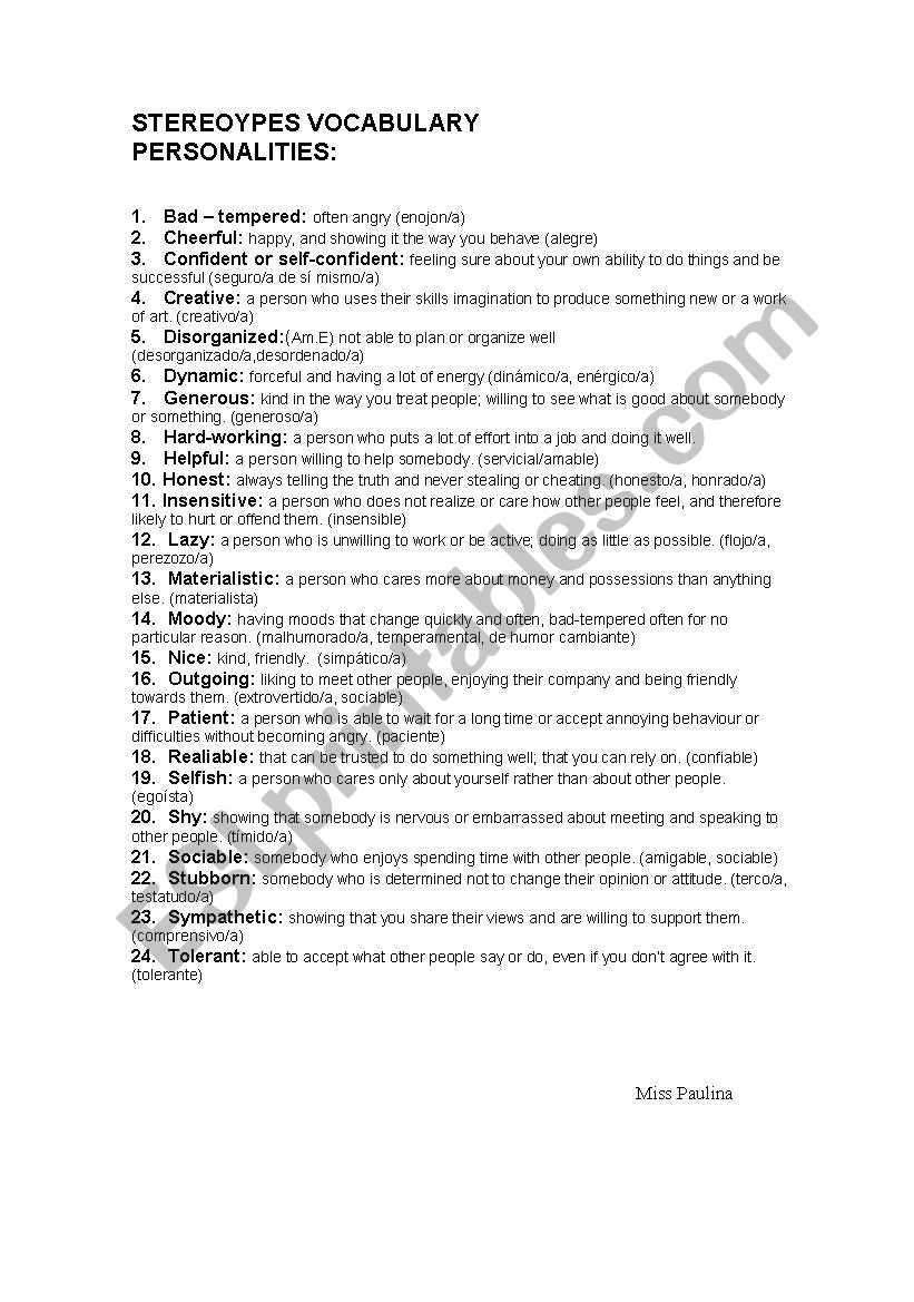 personalities vocabulary worksheet