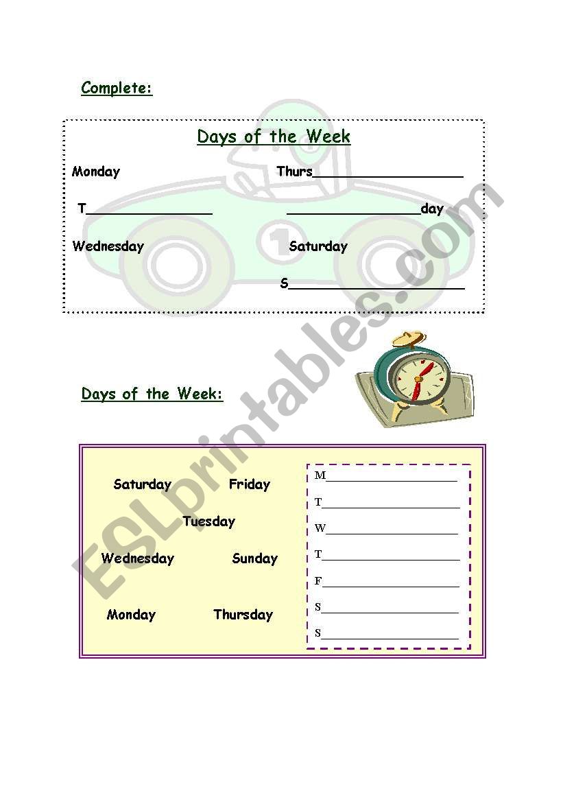 Days of the week  worksheet