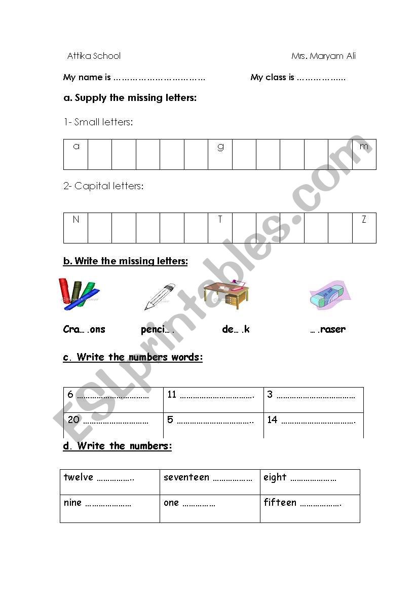 letters - classroom objects - numbers - read and complate sentence.match the sentence with the picture