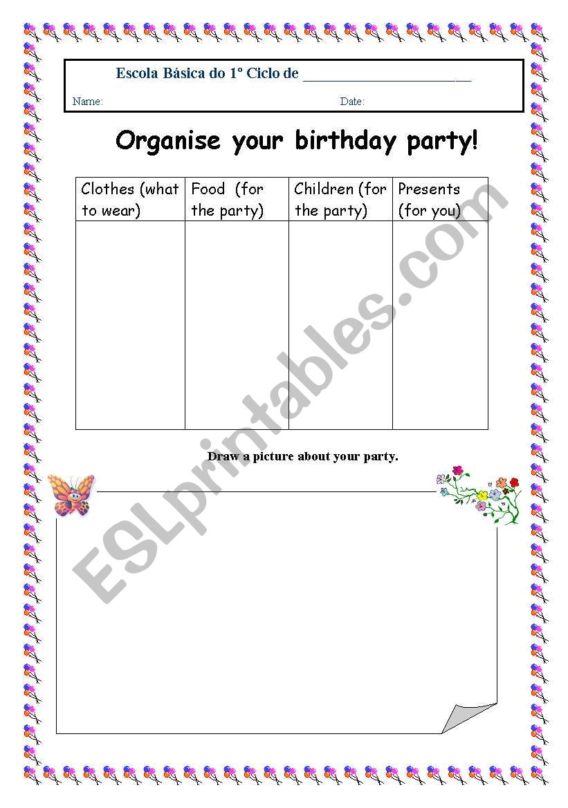Organise your birthday party worksheet