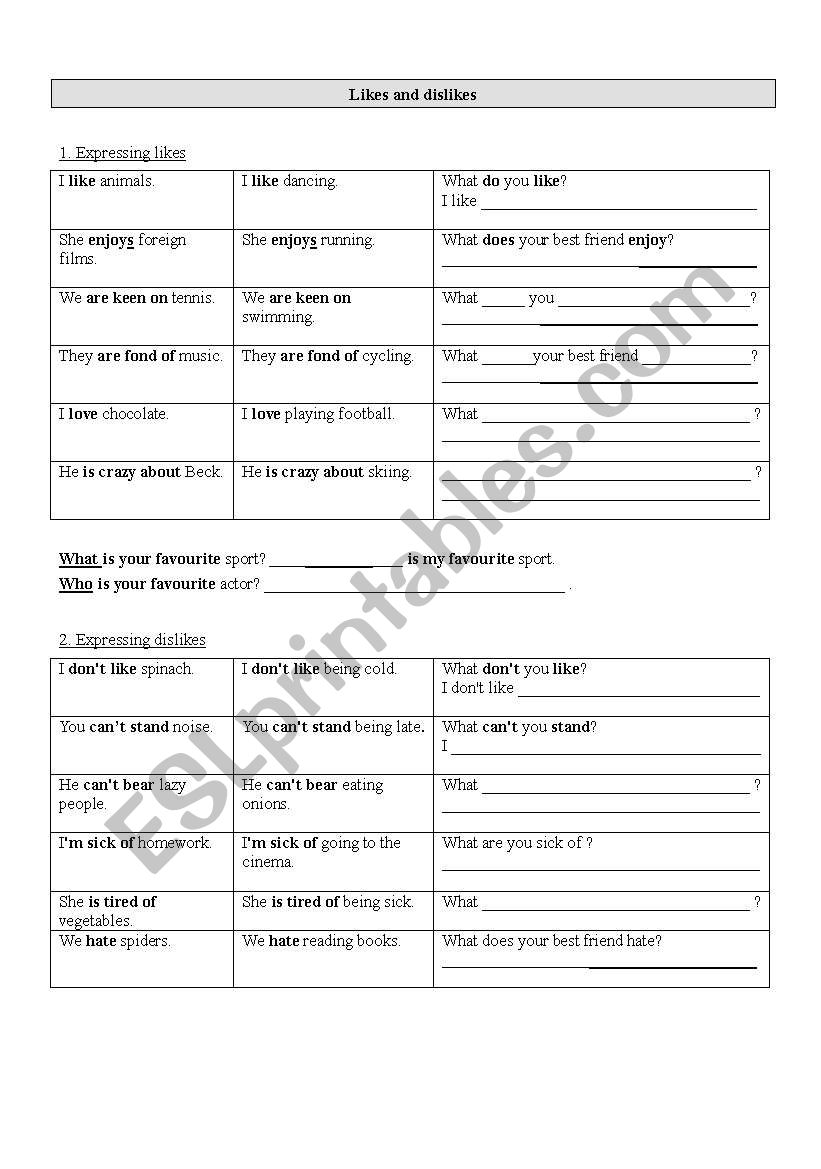 likes and dislikes worksheet