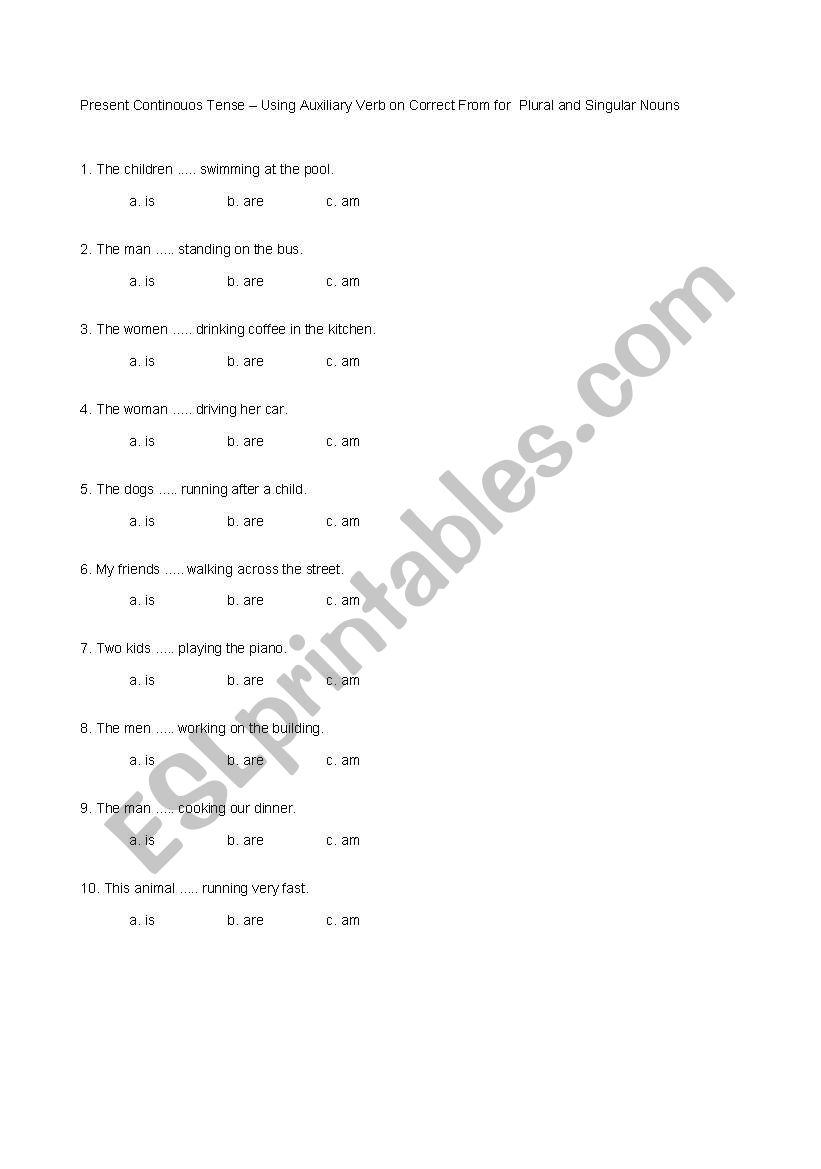 Present Continouos Tense  Using Auxiliary Verb on Correct From for  Plural and Singular Nouns