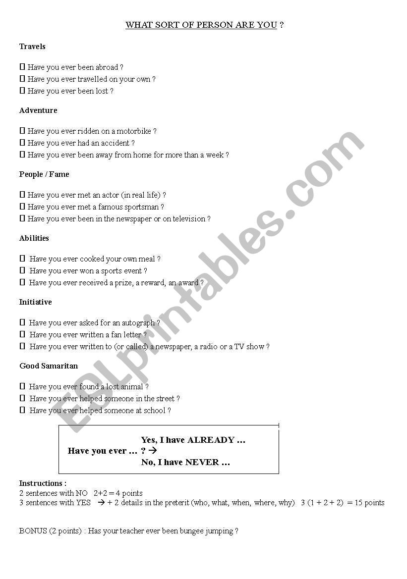 Have you ever? worksheet