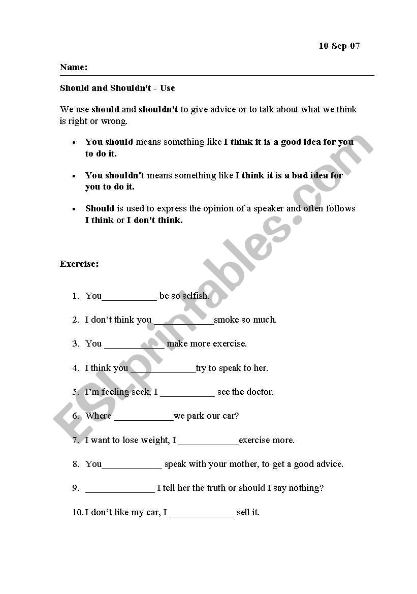 should and shouldnt worksheet