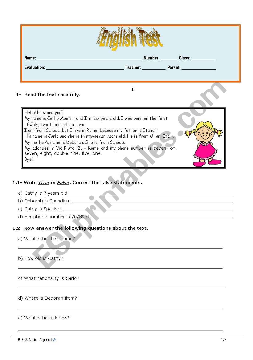 Elementary Test worksheet