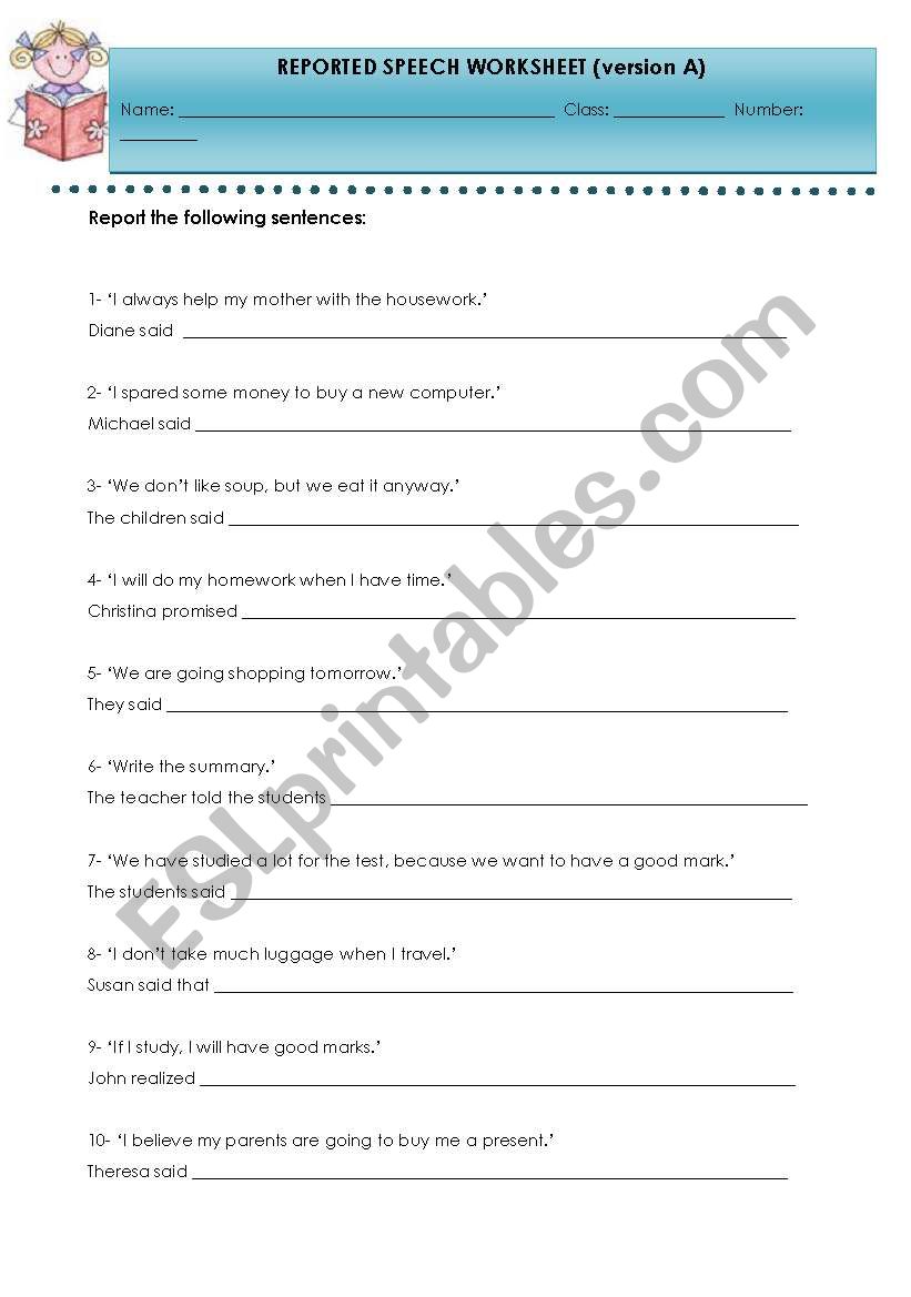 REPORTED SPEECH WORKSHEET worksheet