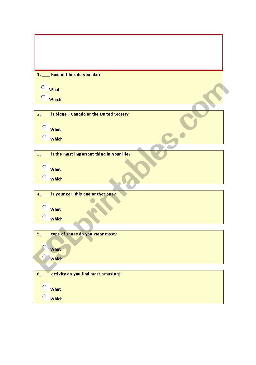 which and what worksheet