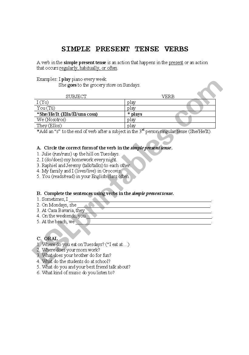 SIMPLE PRESENT TENSE VERBS worksheet