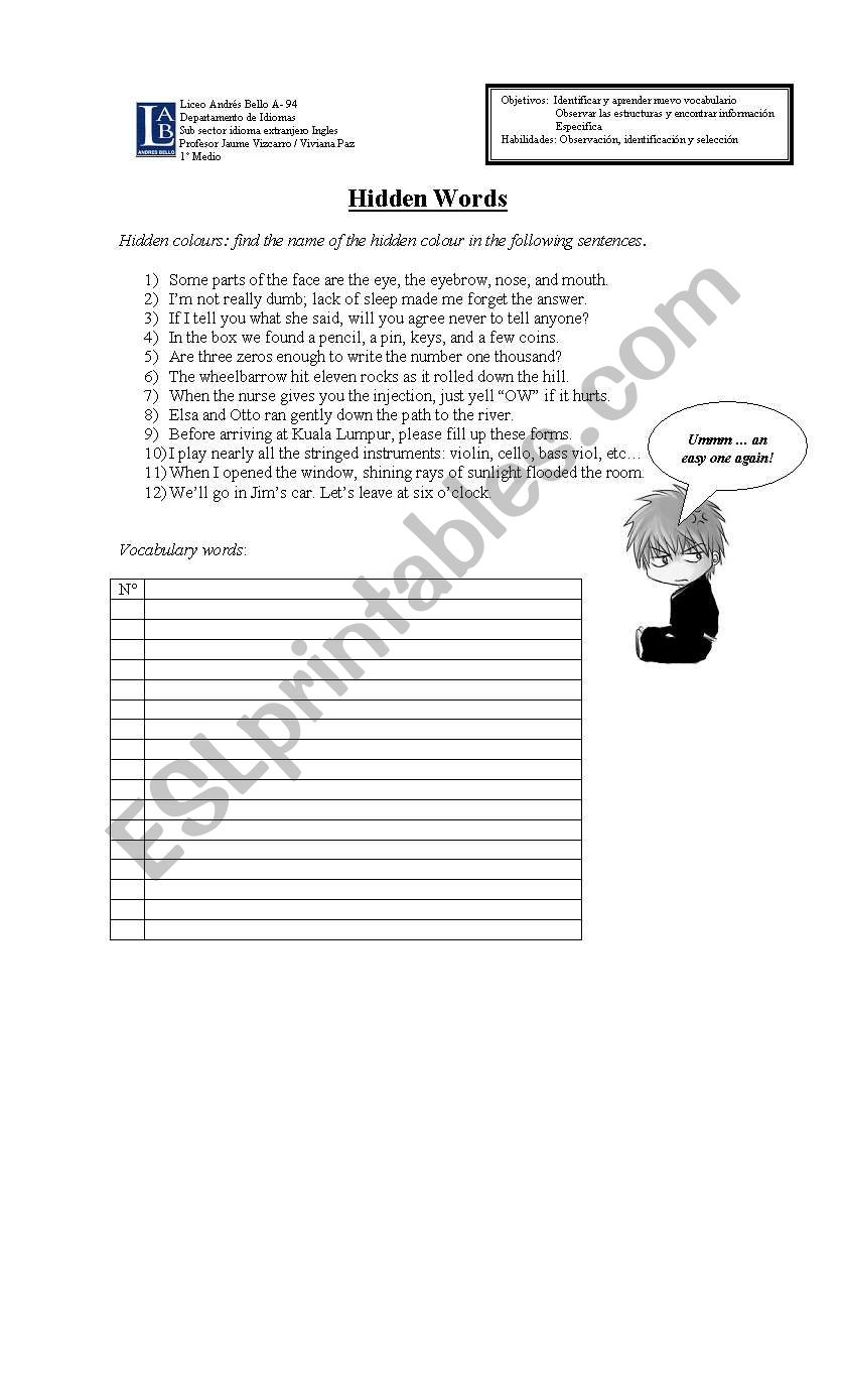 Warm up activity: colours worksheet