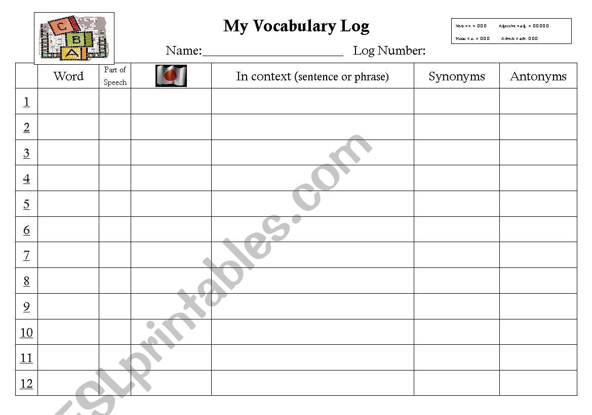 Vocabulary Log Sheet worksheet