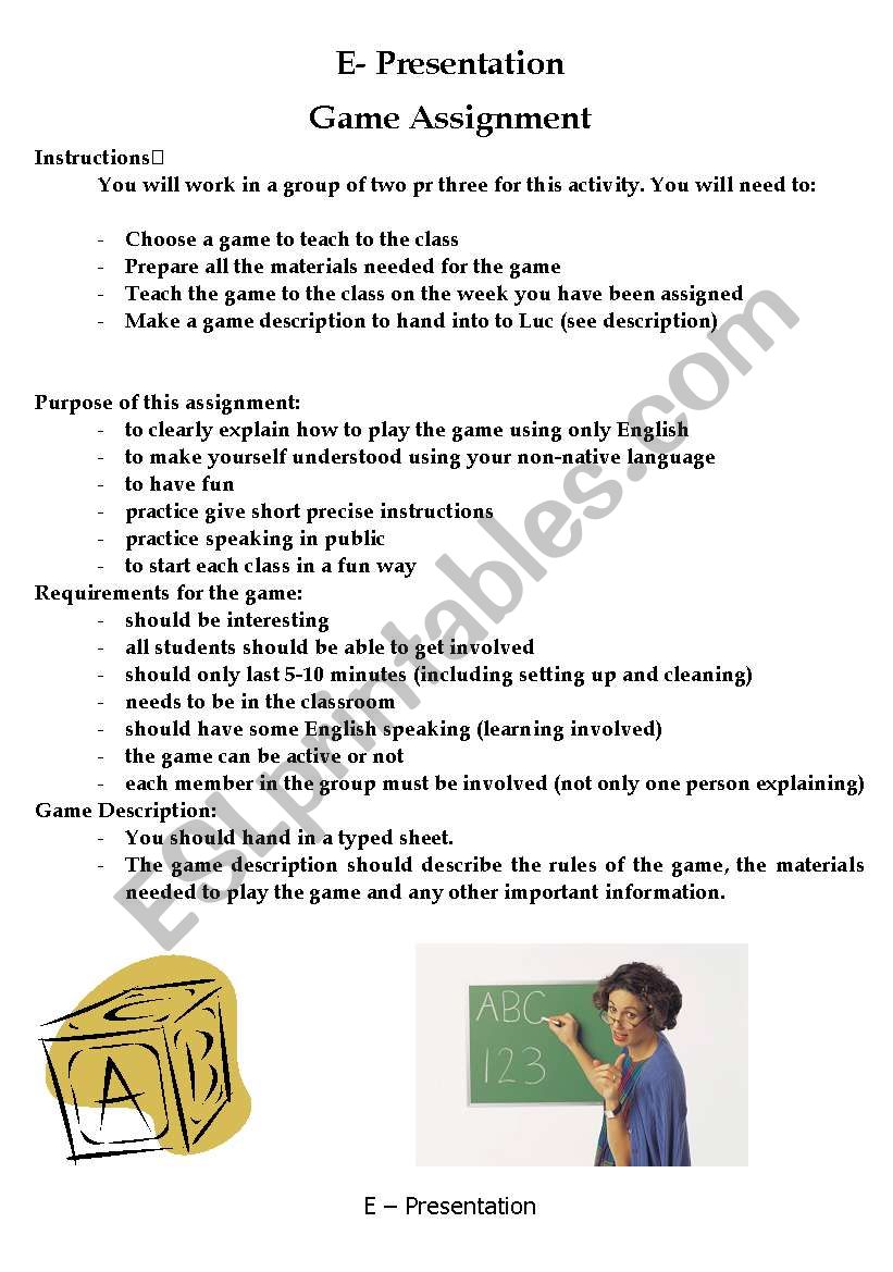 Students led games worksheet