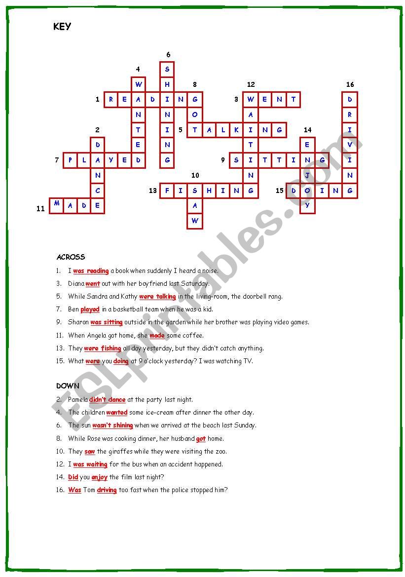 Past Continuous Tense Exercises Crossword Continuous Present Simple