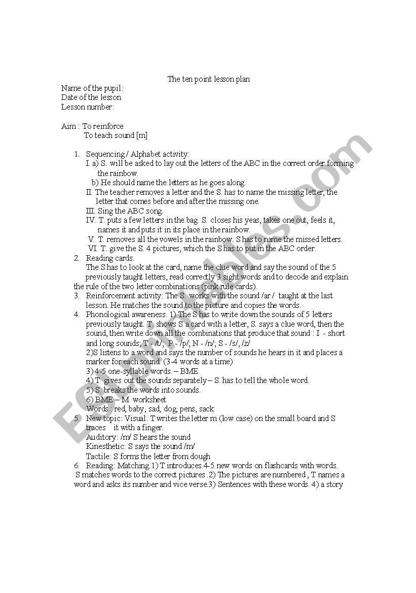 The Ten Point Lesson Plan worksheet