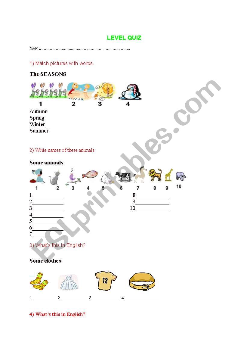 level quiz seasons, animals, clothes,body parts,