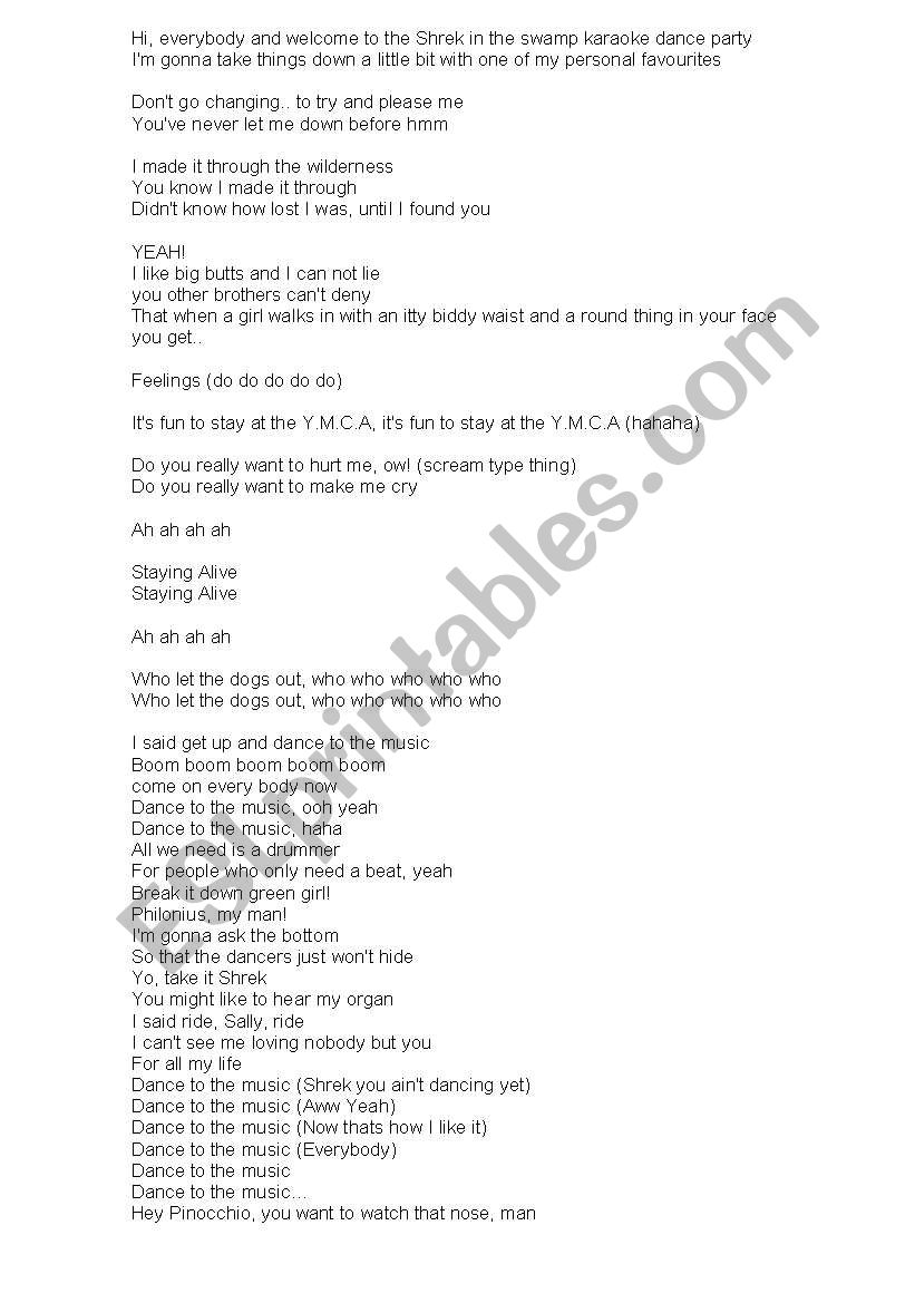 shrek karaoke worksheet