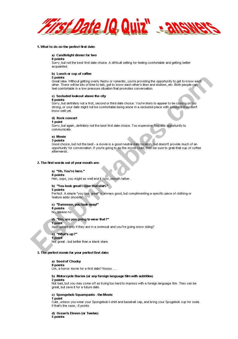 FIRST DATE QUIZ, ANSWERS worksheet