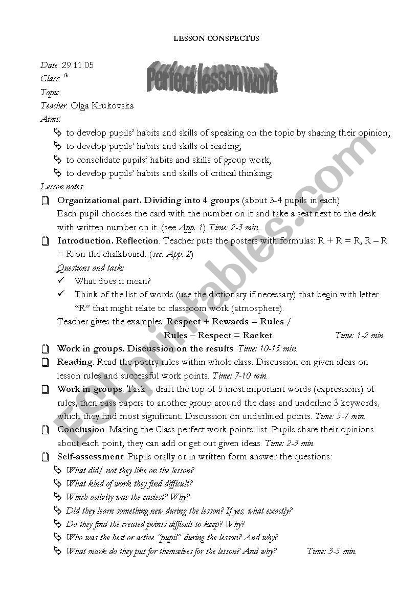 Lesson plan about school worksheet