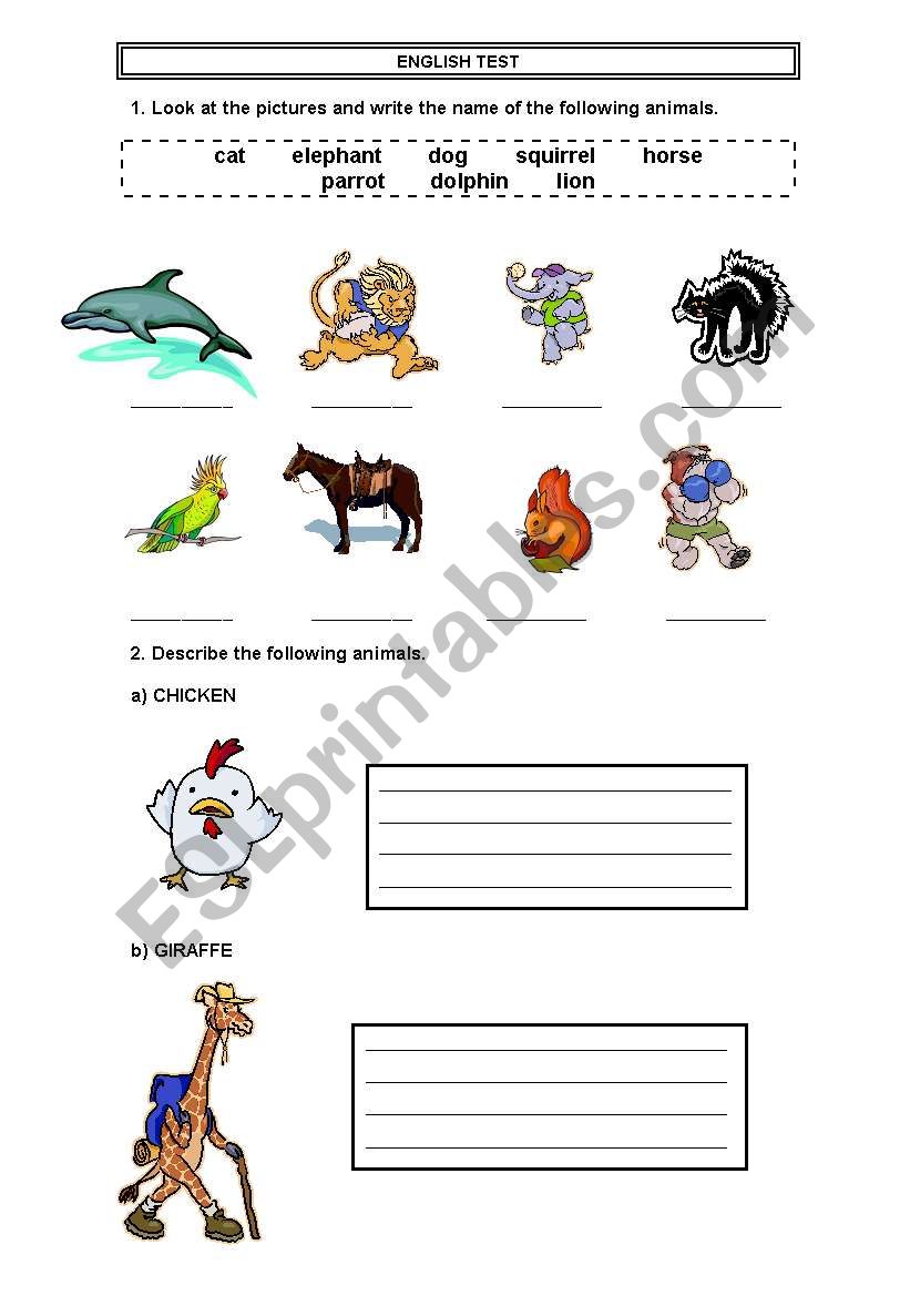 english test animals worksheet