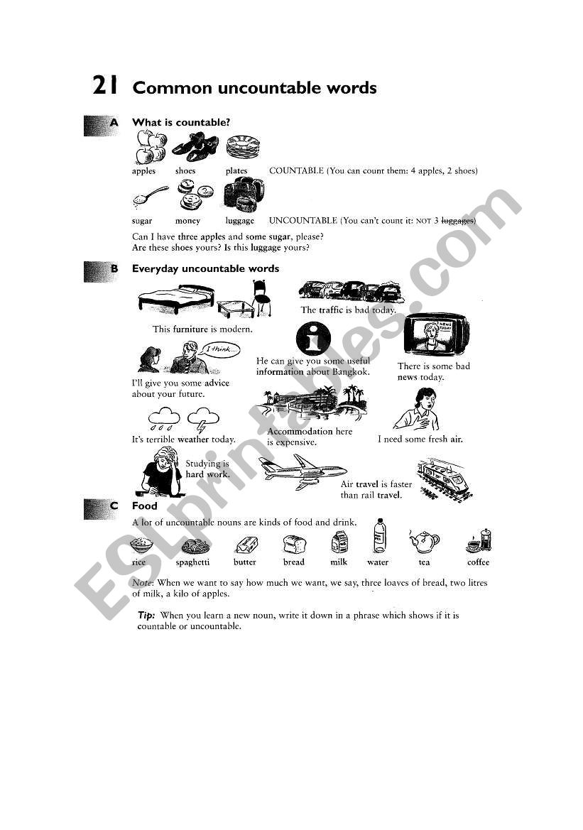 COMMON UNCONTABLE WORDS worksheet