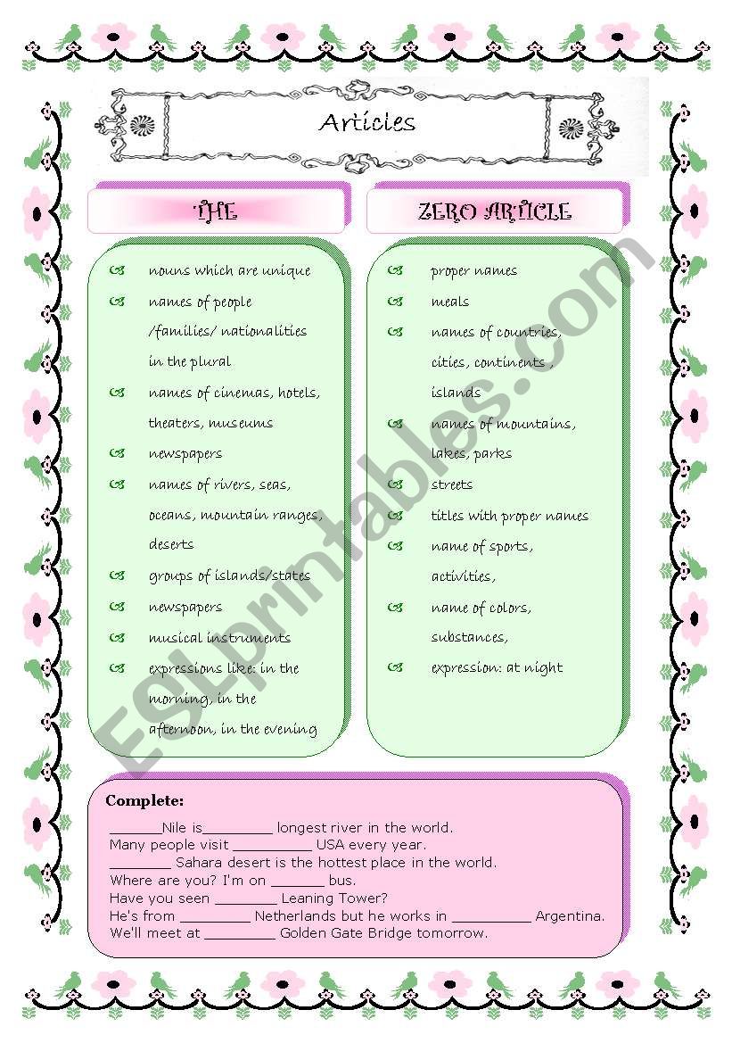 THE and zero article worksheet