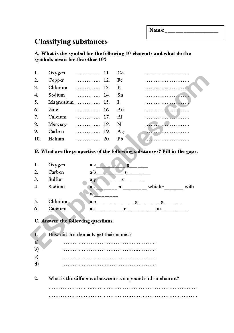 Classifying substances worksheet