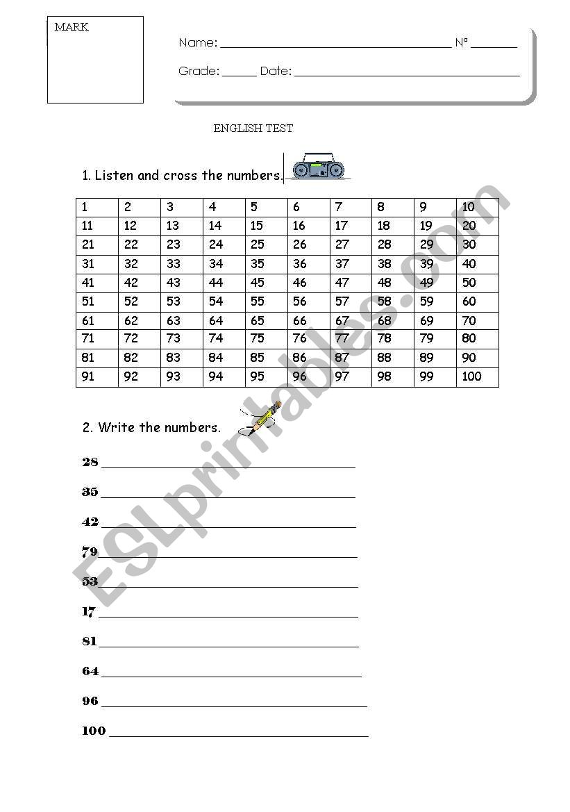 Numbers test worksheet