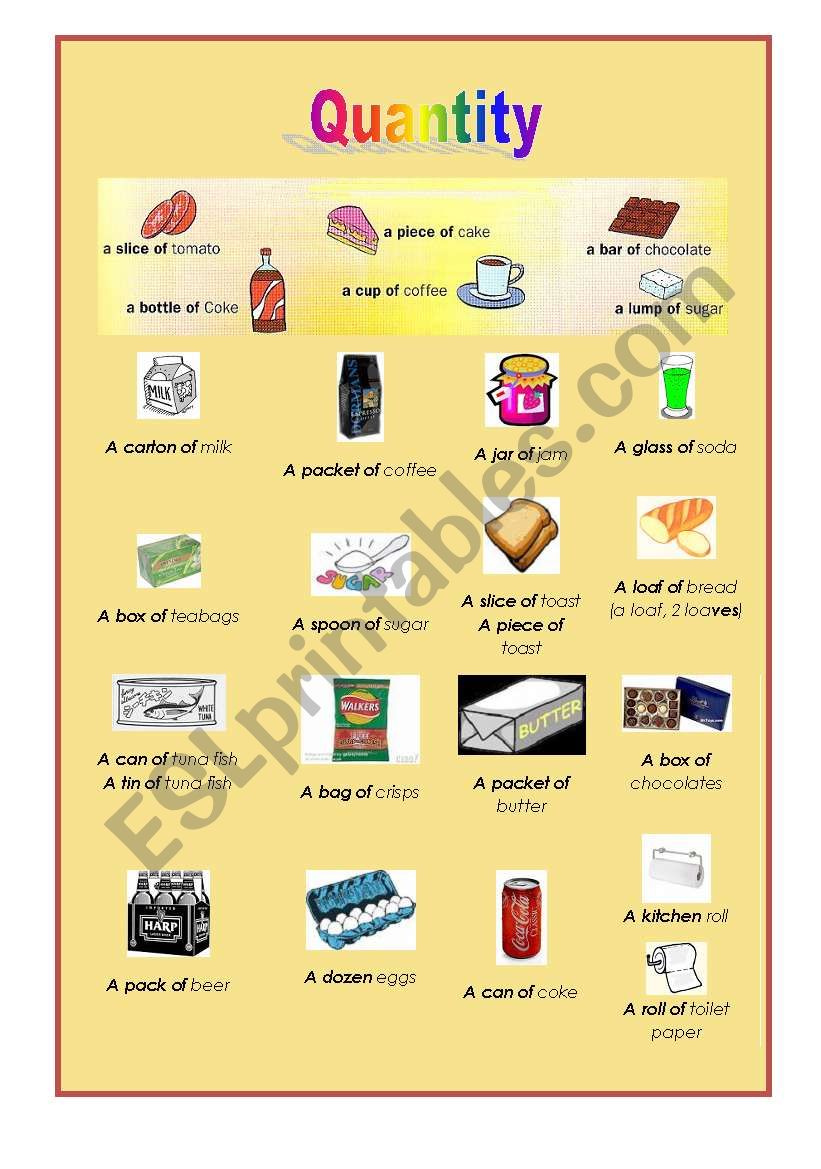 Quantity , containers, food worksheet