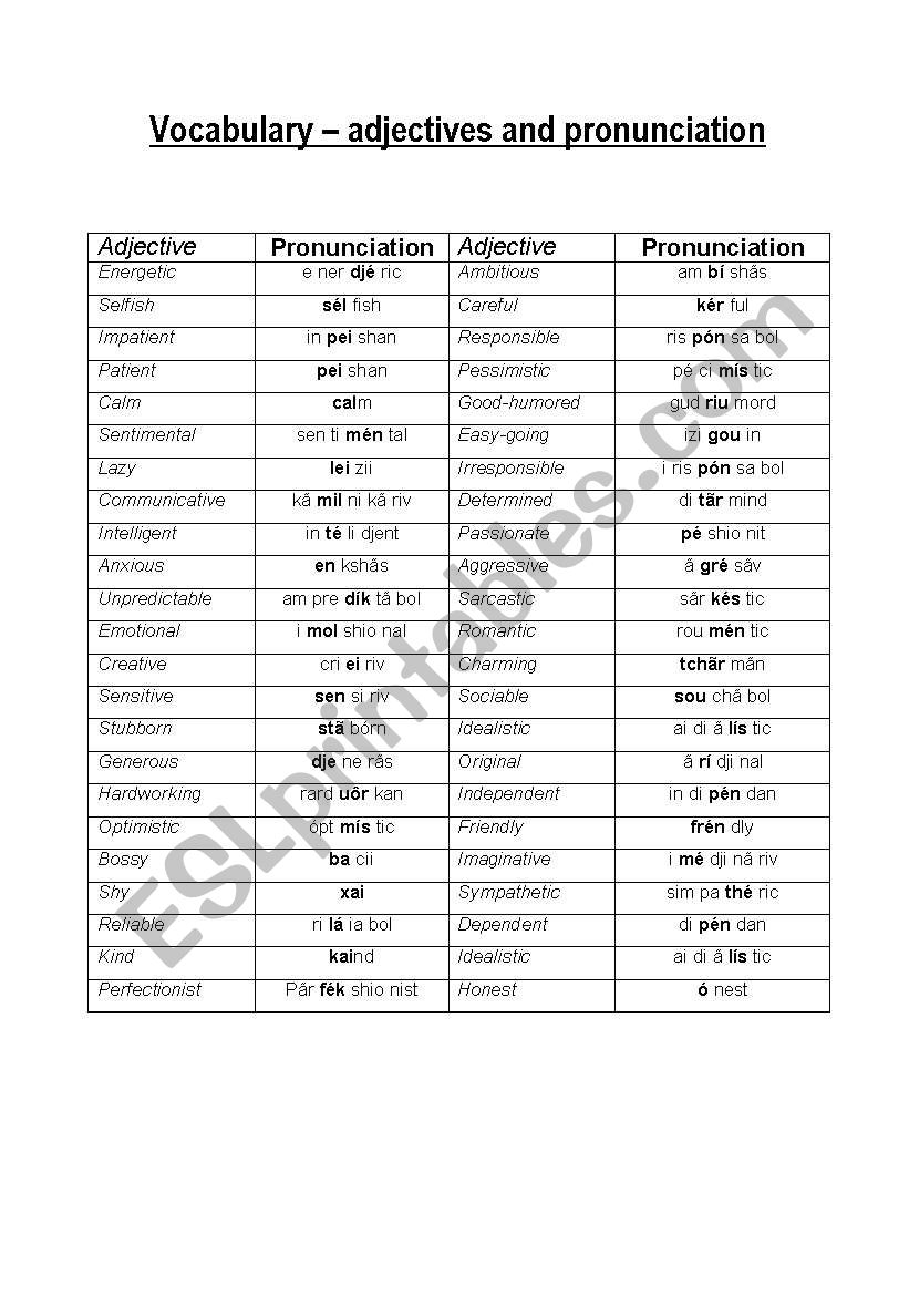 Adjectives - Procunciation worksheet