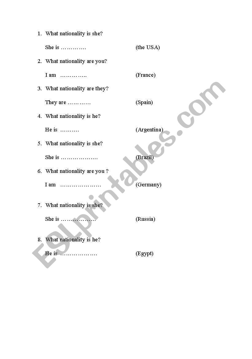 Nationalities worksheet