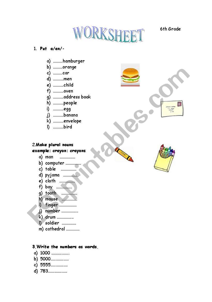 a/an ,numbers, singular plural