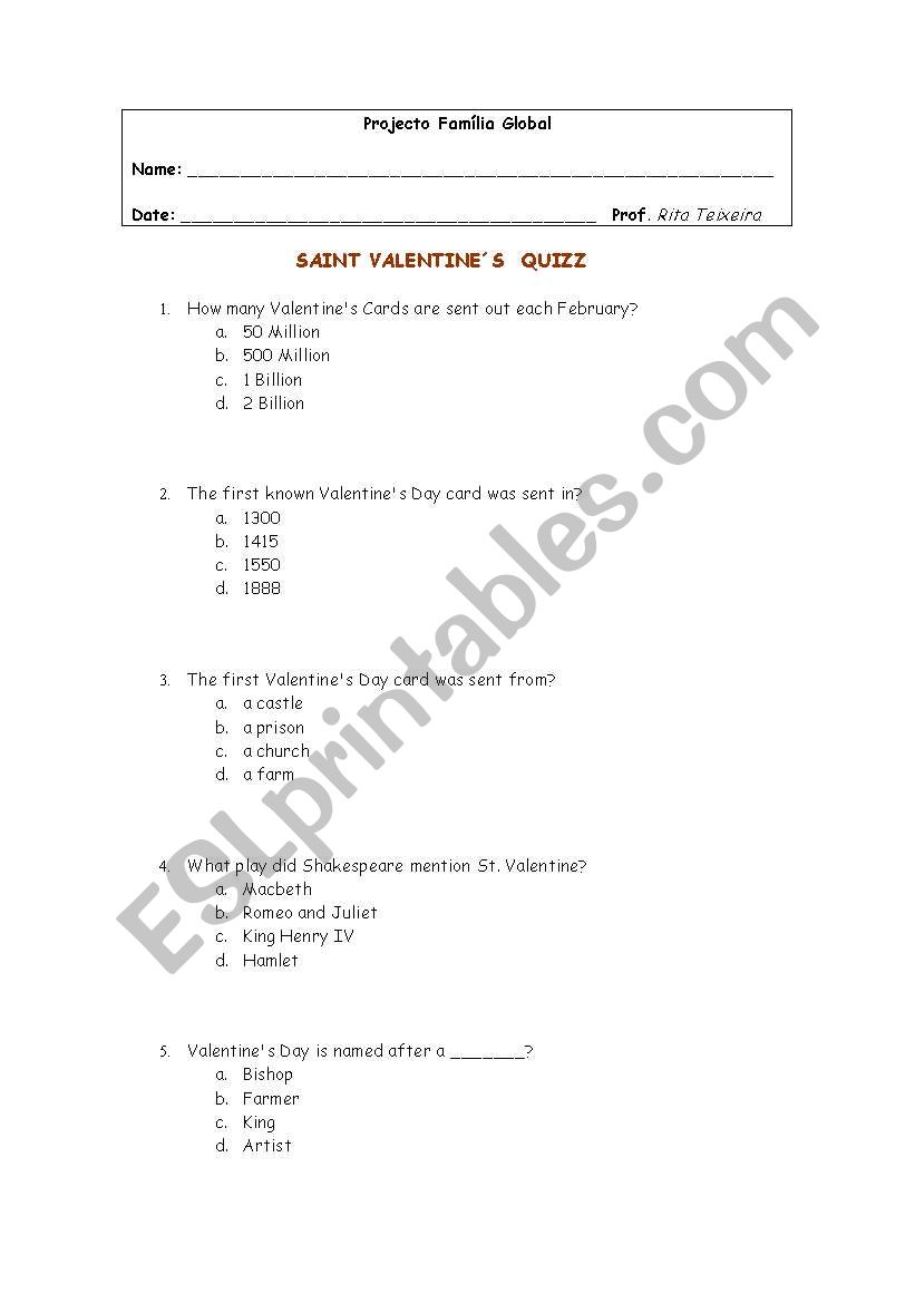 Valentines Quizz worksheet