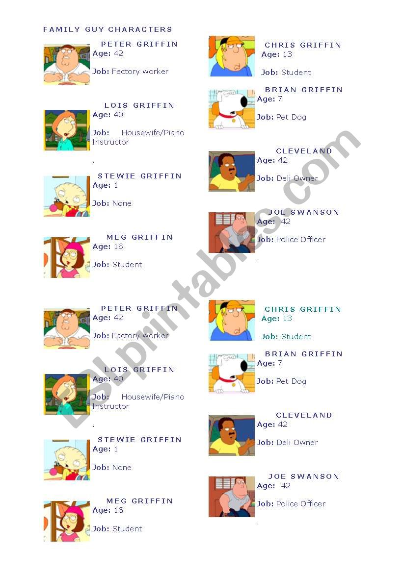 Family Guy  Characters worksheet