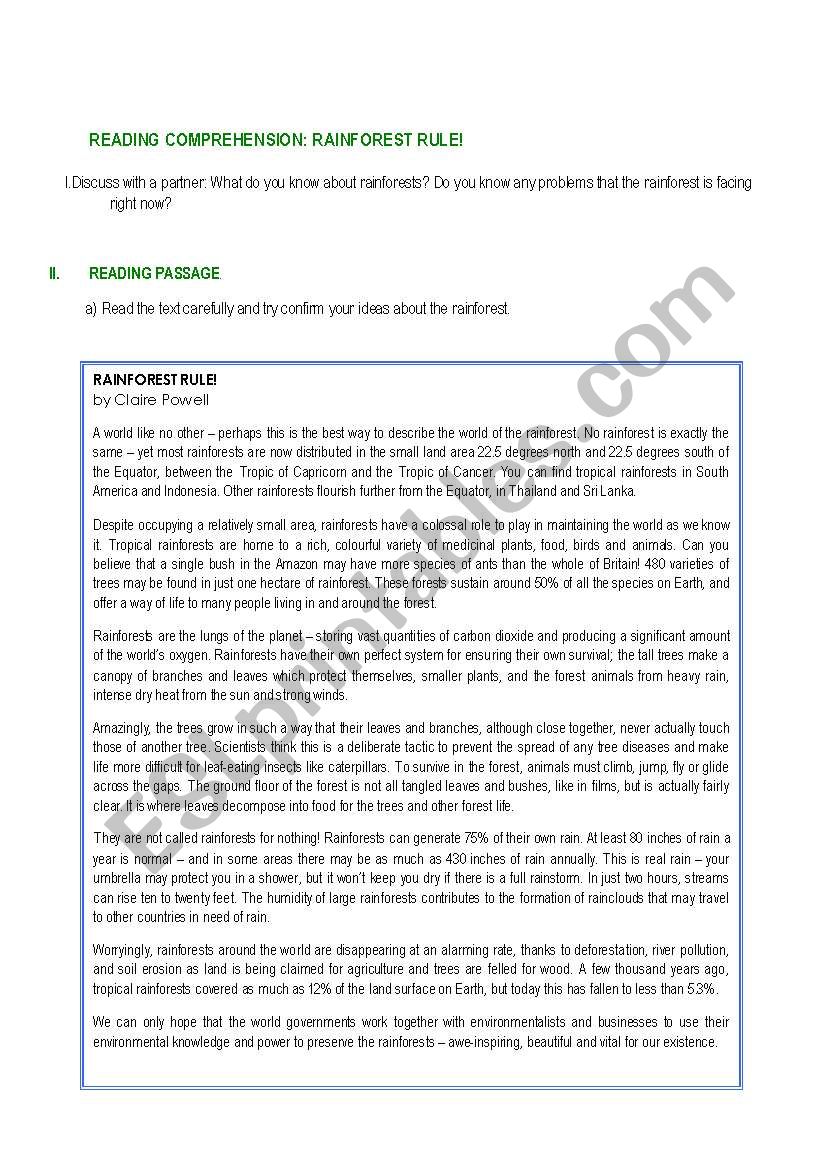 Enviromenta issue: Rainforest worksheet