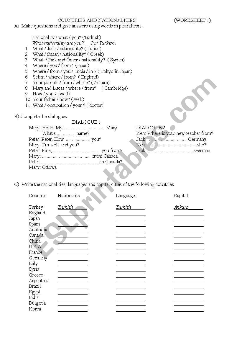 countries capitals  worksheet
