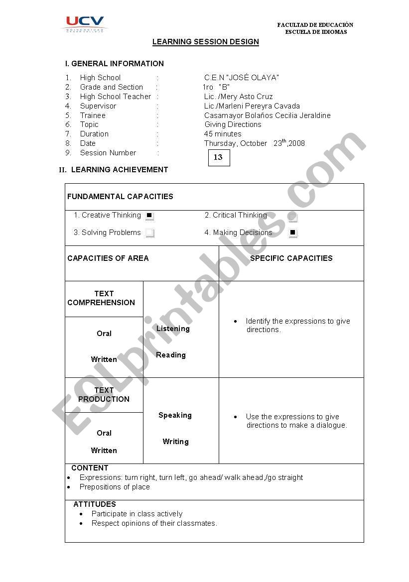 giving directions worksheet