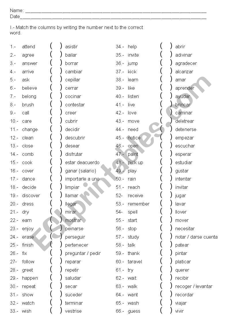 regular verbs English - Spanish test