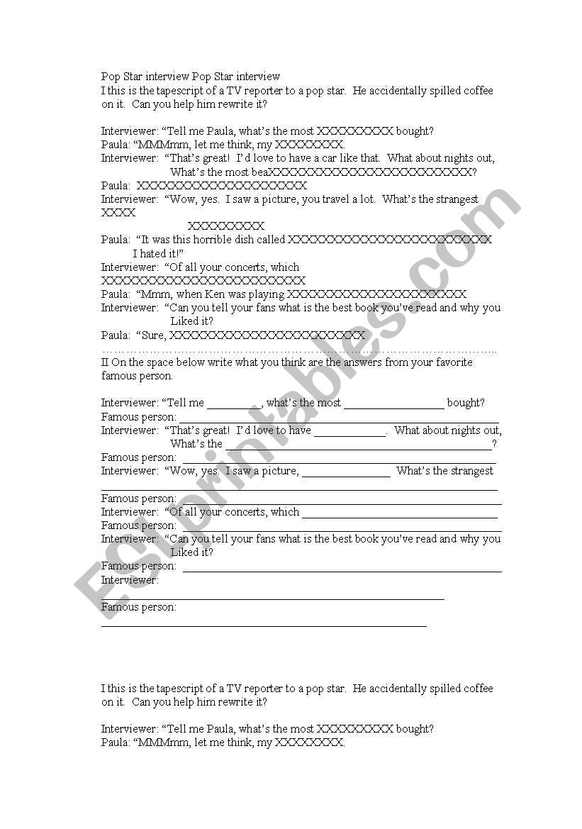 Pop Star Interview worksheet