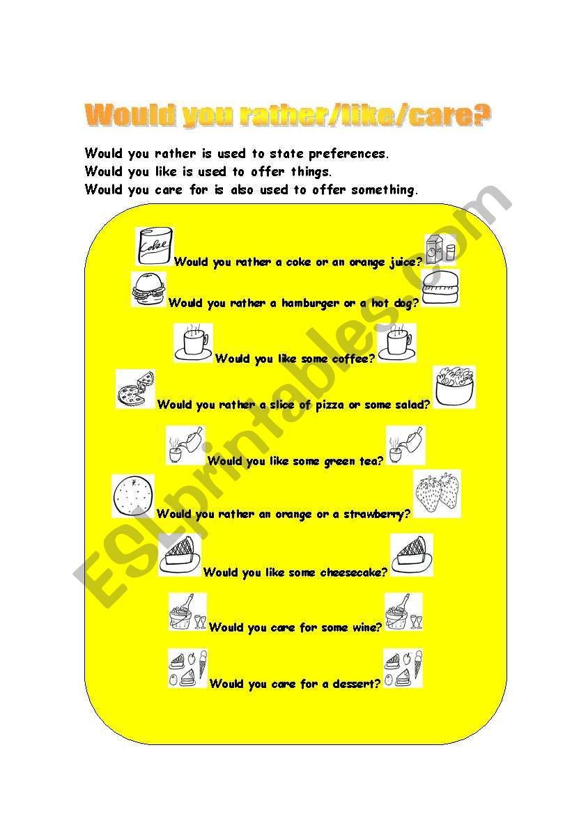 Would you rather/prefer/care? worksheet