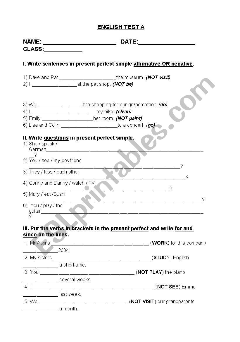 Tests worksheet