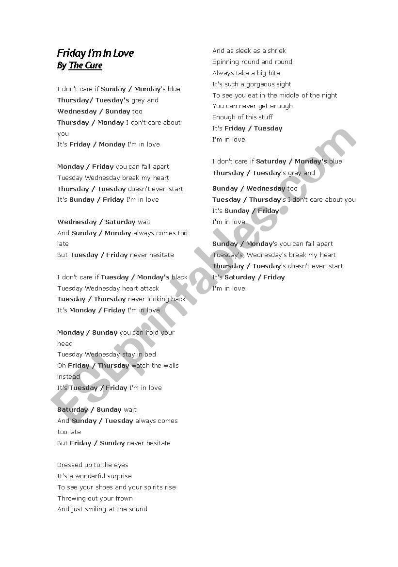 The Cure - Friday Im In Love worksheet