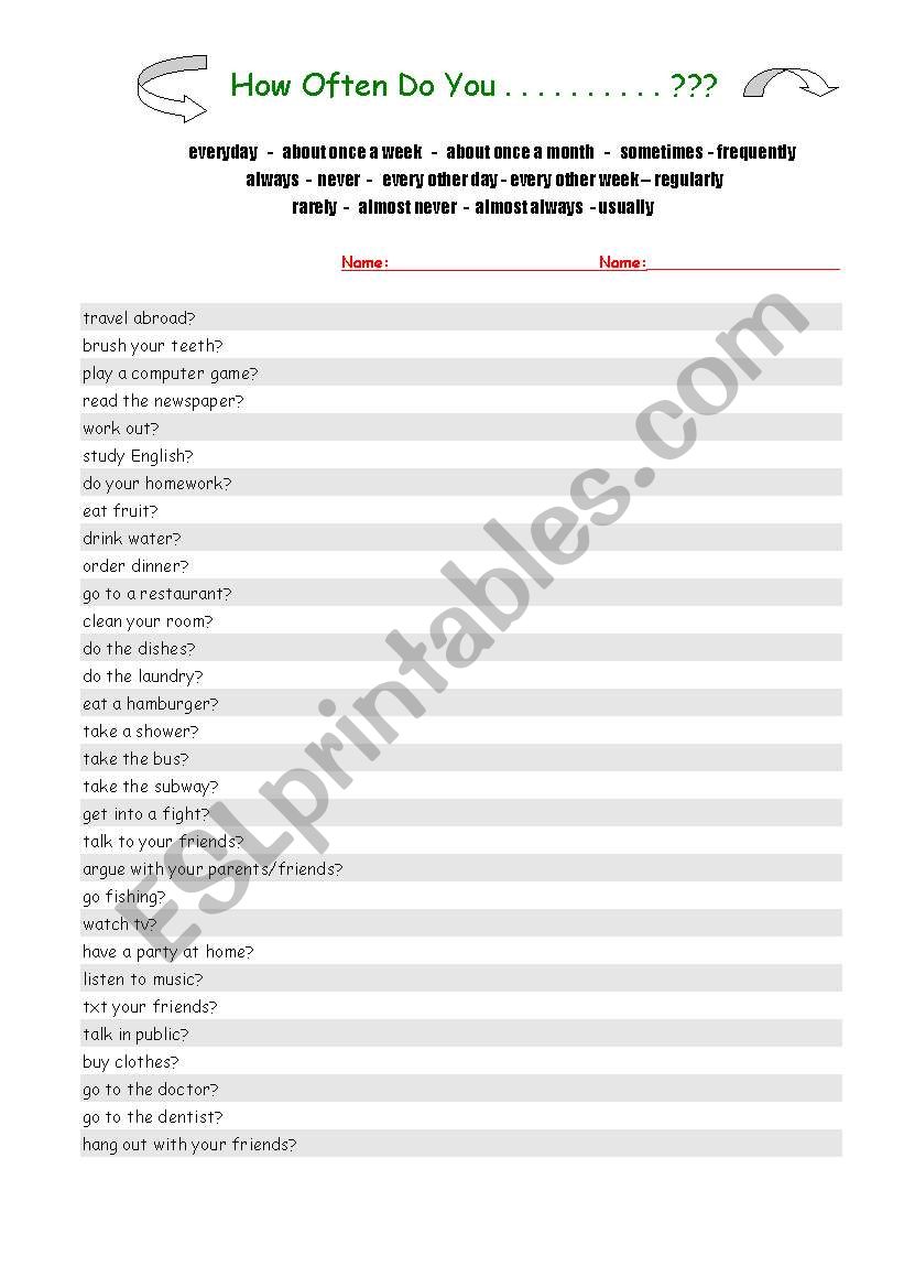 How often do you....? worksheet